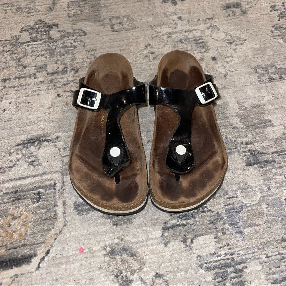 Birkenstock Gizeh Black Patent Birko Flor Thong Sandals Sz 37 US Sz 6-6.5
